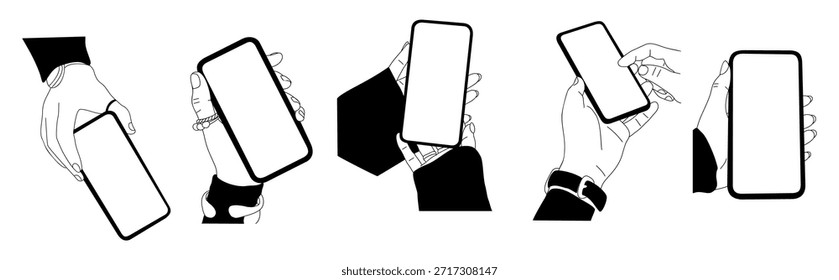  Set of different hands holding smartphones in various positions. Phone mockups. Minimalist black line art illustration isolated on white background