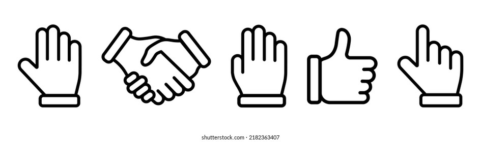 Set of different hands, like, handshake, cursor, thumb up line icons