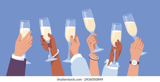 set of different hands of men and women holding glasses of champagne. Celebration concept. Vector flat illustration