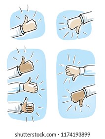 Set of different hands showing thumb up or down, concept for like or dislike. Hand drawn cartoon sketch vector illustration, whiteboard marker style coloring. 