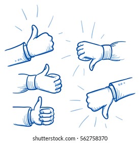 Set of different hands showing thumb up or down, concept for like or dislike. Hand drawn line art cartoon vector illustration.