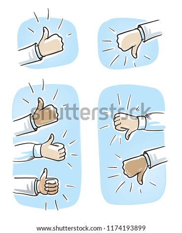 Set of different hands showing thumb up or down, concept for like or dislike. Hand drawn cartoon sketch vector illustration, whiteboard marker style coloring. 