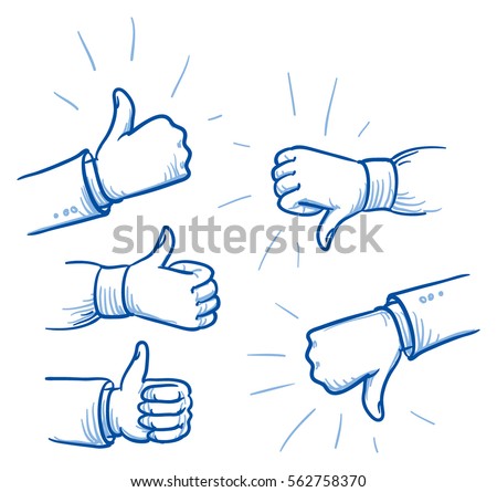 Set of different hands showing thumb up or down, concept for like or dislike. Hand drawn line art cartoon vector illustration.