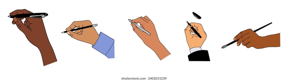 Set of Different Hands with writing tools vector.