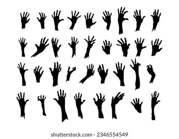 Set of different hand's zombies silhouette on white