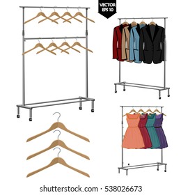 set of different hangers. Outdoor metal hanger. Men's jackets. Women's dresses