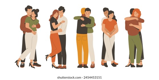Set of different happy diverse hugging people. comforted shoulder hugs or emotional characters. Vector flat collection