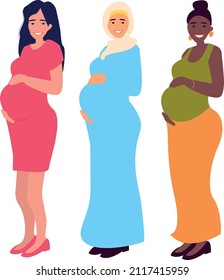 Set of different happy pregnant women, dress, hijab. African American, Arab, Caucasian. Young beautiful multiethnic mothers of different nationalities. Diversity, multinational society, motherhood.