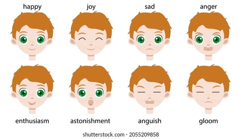 Set of different happy and sad emotions on a red hair toddler face. Cute irish boy portrait with green eyes. Avatar or stickers