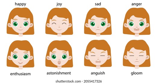 Set of different happy and sad emotions on a red hair toddler girl face. Cute irish baby portrait with green eyes. Avatar or stickers