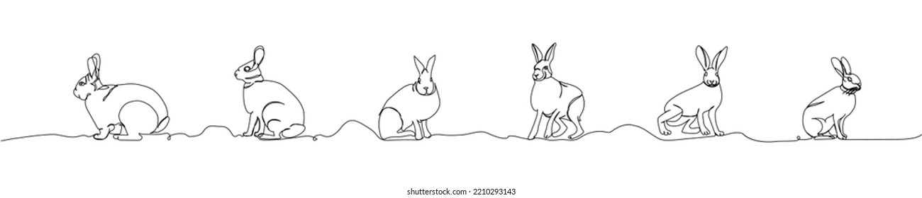 Set of different hares, bunny one line art. Continuous line drawing of pet, mammal, breed, zodiac, china, oriental, domestic, easter, bunny, animal, year new, 2023, hare.