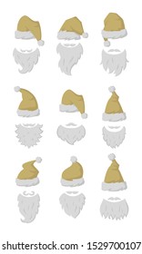 Set of different hats and beards for Santa Claus. Vector illustration.