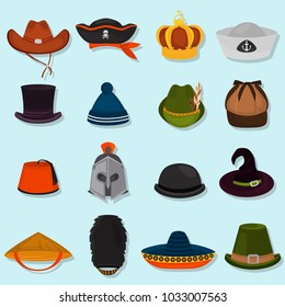 Set of different hats color flat icons