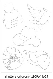 A set of different hats for coloring (hat, cap, scarf, turban, and more). Vector illustration.
