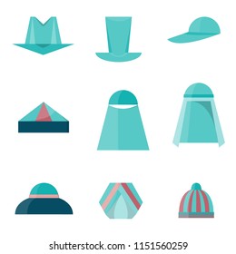 Set of Different Hats Flat Style Icons. Group of Headdressings Including Hijab, Turban and Skullcap. EPS 10 Vector illustration.