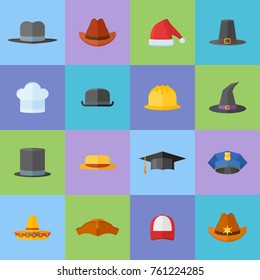 Set of different hats flat style icons. Headwear vector illustration.