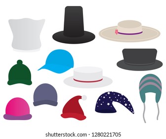 Set of different hats illustrations on white background