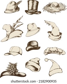 Set of different hats top hat, medieval hats, baseball cap, Tyrolean hat, fedora, straw hat and more. Engraving style. Isolated illustration on a white background. All items are separate.