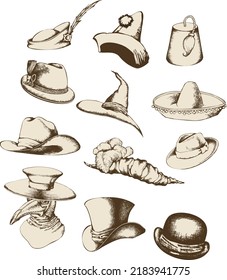 Set of different hats top hat, medieval hats, cowboy hat, Tyrolean hat, fedora, straw hat and more. Engraving style. Isolated illustration on a white background. All items are separate.