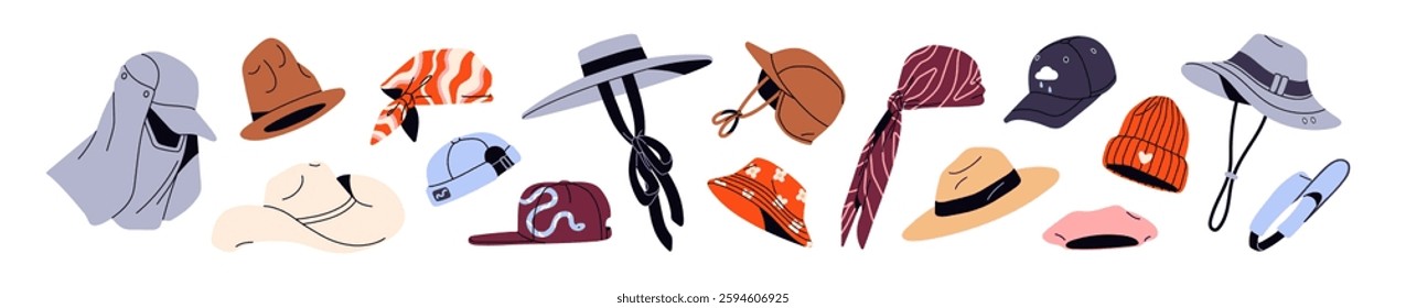 Set of different headdress. Headwears, headgears. Knitted hat, summer cap, panama, bandana, beret. Wearings, accessories, clothes for head. Flat isolated vector illustrations on white background