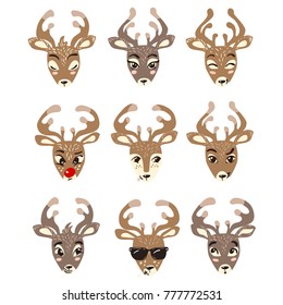 Set of different heads of deers isolated on white.  Vector illustration 
 of cute animals. Christmas design elements.
