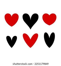Conjunto de diferentes iconos de corazón. Silueta roja y negra. Vista frontal. Ilustración gráfica plana vectorial simple. Objeto aislado sobre un fondo blanco. Aislar.