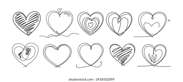 Conjunto de diferentes dibujos de arte de líneas de corazón. Ilustración vectorial dibujada a mano aislada en fondo blanco. Signo de amor tradicional Elemento de diseño para tarjeta de saludo de San Valentín, cartel. No IA generativa.