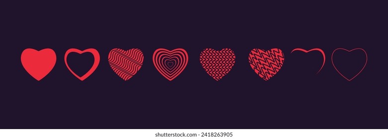 Set of different heart shapes, hearts elements, objects, symbols, Heart UI, UX and used in Love concepts, vector illustration