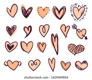 Set of different heart shapes in various tones of coral color. Isolated on white background