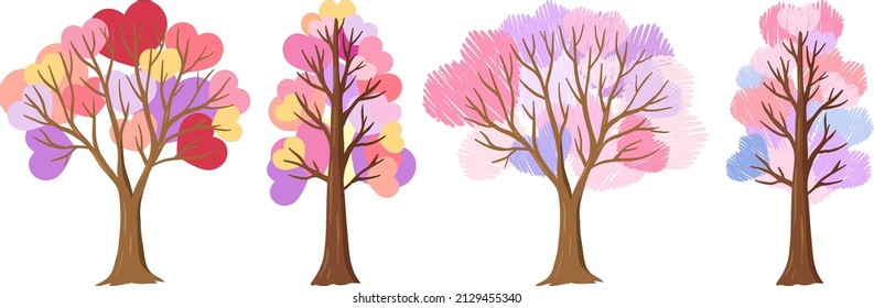 Conjunto de diferentes árboles del corazón en la ilustración de colores pastel