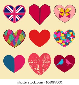 Set of different hearts: british flag, origami, scratched, simple, colorful and others.