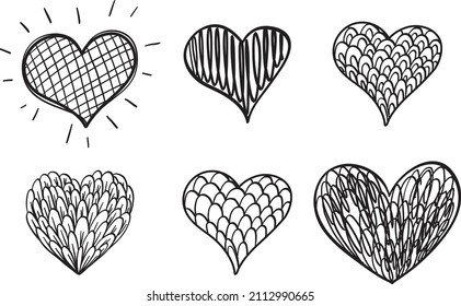Set of different hearts in doodle style illustration