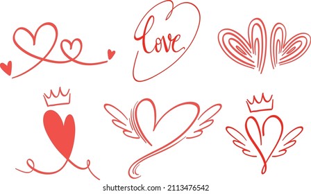Conjunto de corazones diferentes en ilustración de estilo doodle