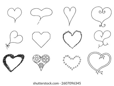 Set of different hearts in doodle style. Freehand drawing. Doodle. Hand Drawn. Outline.
