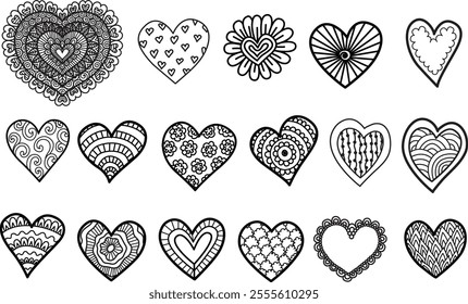 Set of different hearts with editable stroke thickness for design element for wedding or valentine card. Vector illustration.