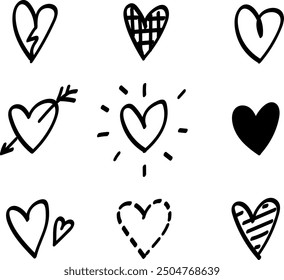 Set of different hearts, handwritten in vector