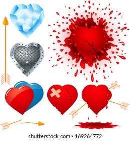 Set of different hearts: ice, diamond, iron, cracked, wounded, pierced by an arrow, damaged, crashed; eps8