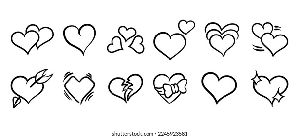 Set of different hearts in a line art style. Hearts for Valentine's Day. Vector hand-drawn illustration isolated on white background.