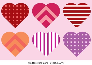 Set of different hearts with patterns. Valentine's Day. Postcard. Decor set.