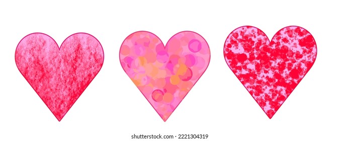 Set of different hearts. Pink and red hearts in an abstract style. Romantic elements for the design of invitations