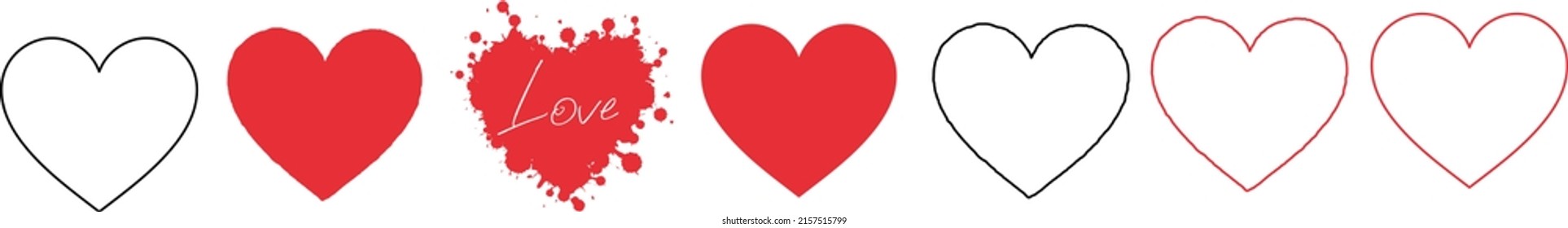 A set of different hearts in red and black: simple, hand-drawn and in the form of blots without a background