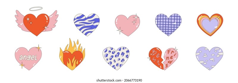 Set of different hearts. Vector illustration of cute hearts for Valentine's day. Hearts with animal print, wings, fire. Nostalgia for the 2000 years. Y2k style. All elements are isolated.