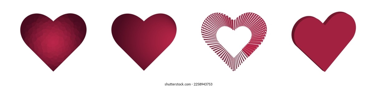 Set of different hearts Viva Magenta Carmine red color. Polygonal, gradient texture. 3D shape. Vector illustration. Love Icon. Design element. Flyer. Poster. Celebration Card. Health and medicine.