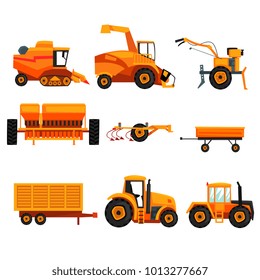 Set with different heavy machinery used in agriculture industry. Farm vehicle. Tractor, trailer, crawler, combine harvester, plowing equipment. Flat vector design