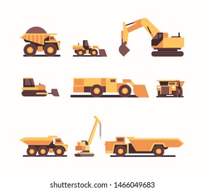 set different heavy yellow industrial machines. coal mine production. professional equipment mining industry transport concept flat.