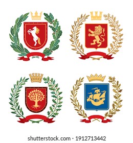 Set of different heraldic coats of arms. Horse, lion, tree and ship on shields framed by symbolic branches