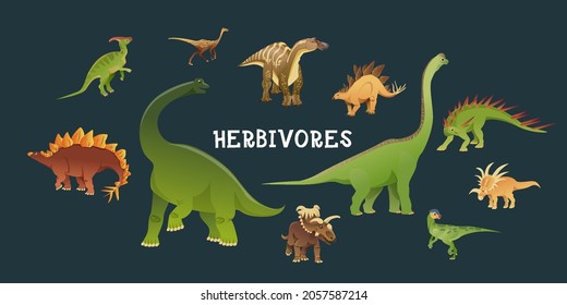 A Set Of Different Herbivorous Dinosaur Characters Isolated On A Dark Background Illustration. Vector Fun Set Of Ancient Reptiles With Spikes, Long Necks