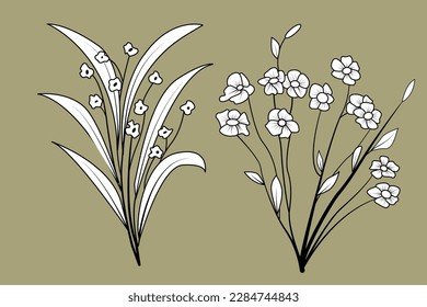 Set of different herbs, flowers, bouquets of dried flowers, leaves, branches on kraft paper. Vector illustration in sketch style perfect for decoration, greeting postcard, design textures, fabric.
