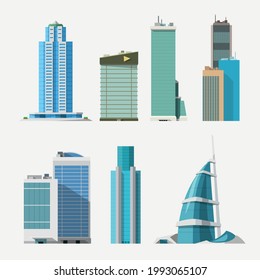 set of different high buildings on white