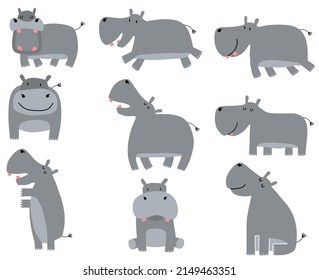 Set of different hippos on white background.